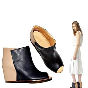 Maison Martin Margiela Black and Tan Leather Peep-Toe Wedge Mules
